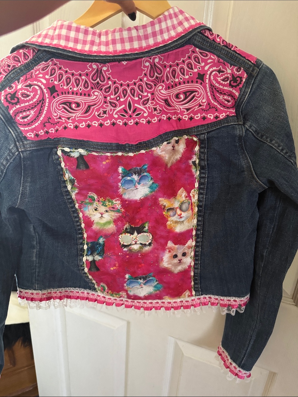 Upcycled Western Denim Jacket With Lace and Pink Bandana Unique Cat Print